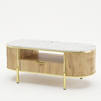 Fluted TV Stand with Faux Marble Top & Curved Sliding Doors, Entertainment Center