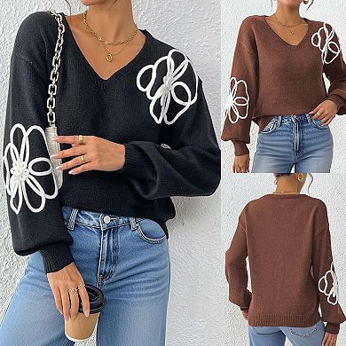 Women's V-Neck Floral Applique Knit Sweater, Long Sleeve Casual Drop Shoulder Pullover