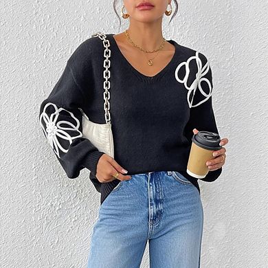 Women's V-Neck Floral Applique Knit Sweater, Long Sleeve Casual Drop Shoulder Pullover