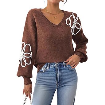 Women's V-Neck Floral Applique Knit Sweater, Long Sleeve Casual Drop Shoulder Pullover