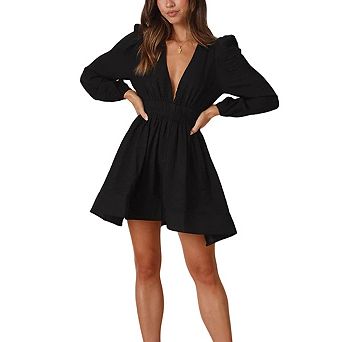 Women Deep V Neck Lantern Long Sleeve Mini Dress Casual Smocked High Waist A Line Swing Dress