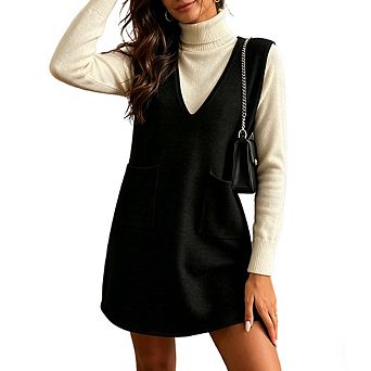 Women Casual V-Neck Sleeveless Knit Vest Dress with Pockets