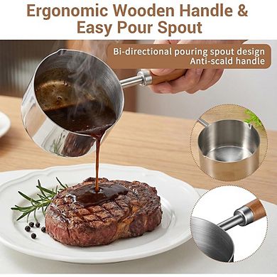 Mini Stainless Steel Saucepan Wooden Handle, Dual Spouts, Multipurpose