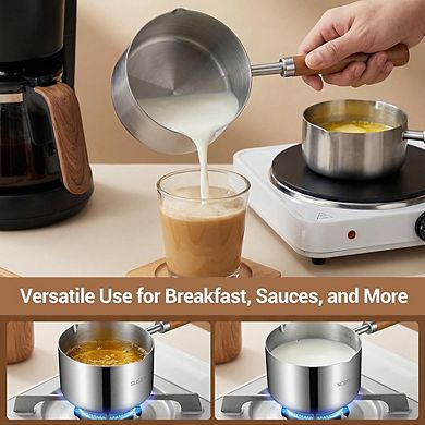 Mini Stainless Steel Saucepan Wooden Handle, Dual Spouts, Multipurpose