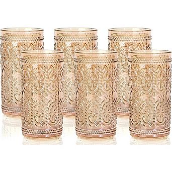 Amber Vintage Highball Glasses Set of 6, 12 oz, Embossed Drinkware