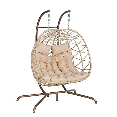 Eazegath Outdoor Wicker Double Egg Swing Chair Hanging Hammock with Stand and Cushions