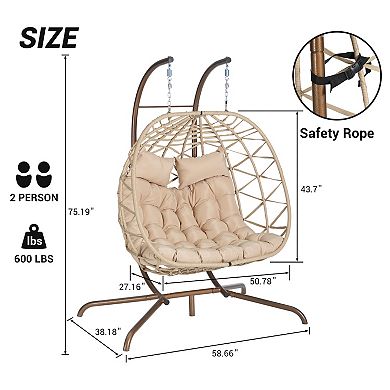 Eazegath Outdoor Wicker Double Egg Swing Chair Hanging Hammock with Stand and Cushions
