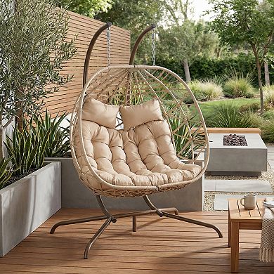 Eazegath Outdoor Wicker Double Egg Swing Chair Hanging Hammock with Stand and Cushions