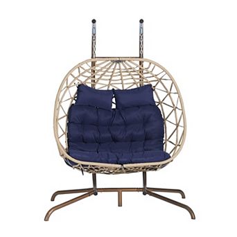 Eazegath Outdoor Wicker Double Egg Swing Chair Hanging Hammock with Stand and Cushions