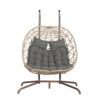 Eazegath Outdoor Wicker Double Egg Swing Chair Hanging Hammock with Stand and Cushions