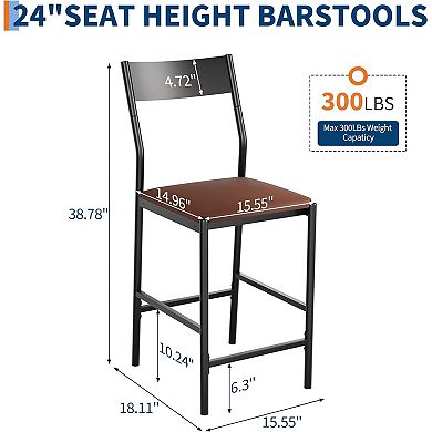 Modern PU Leather Bar Stools 24'' Counter Height Curved Iron Back & Footrest