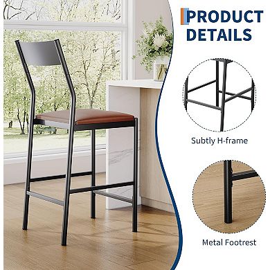 Modern PU Leather Bar Stools 24'' Counter Height Curved Iron Back & Footrest