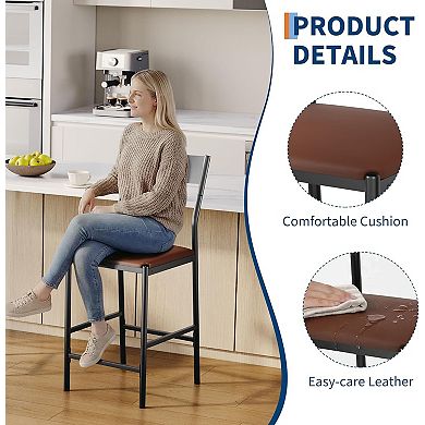 Modern PU Leather Bar Stools 24'' Counter Height Curved Iron Back & Footrest