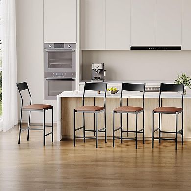 Modern PU Leather Bar Stools 24'' Counter Height Curved Iron Back & Footrest