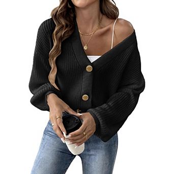 Women's V-Neck Knit Cardigan, Long Sleeve Loose Sweater with Gold Buttons