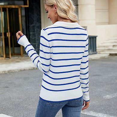 Women's Striped Polo Neck Knit Top, Casual Long Sleeve Loose Fit Pullover