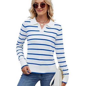 Women's Striped Polo Neck Knit Top, Casual Long Sleeve Loose Fit Pullover