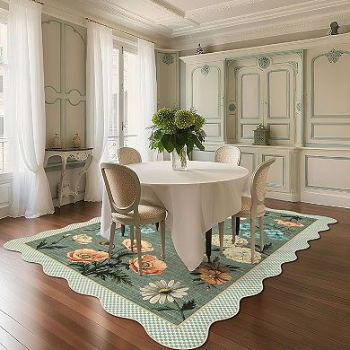 Floral Scalloped Kitchen Runner Rug, Washable Hallway Runner Non-Slip