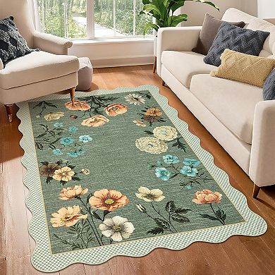 Floral Scalloped Kitchen Runner Rug, Washable Hallway Runner Non-Slip