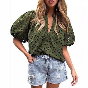 Womens Summer Eyelet Tops Embroidered Hollow Lantern Sleeve Puff Sleeve Casual Party Work Blouse