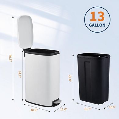 Slim Stainless Steel Trash Can, Removable Inner Bucket, Soft-Close Lid & Step Pedal