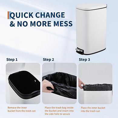 Slim Stainless Steel Trash Can, Removable Inner Bucket, Soft-Close Lid & Step Pedal