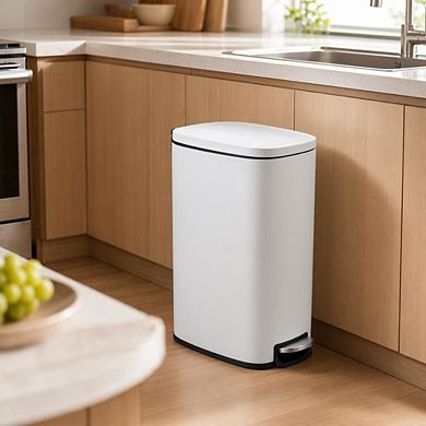 Slim Stainless Steel Trash Can, Removable Inner Bucket, Soft-Close Lid & Step Pedal