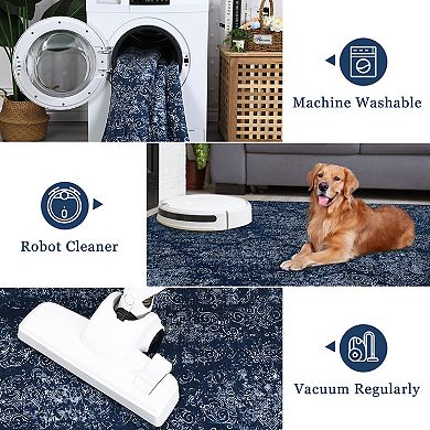 Machine Washable Area Rugs Lightweight Throw Soft Carpet Boho Botanical Floral Ultra-Thin Indoor Rug