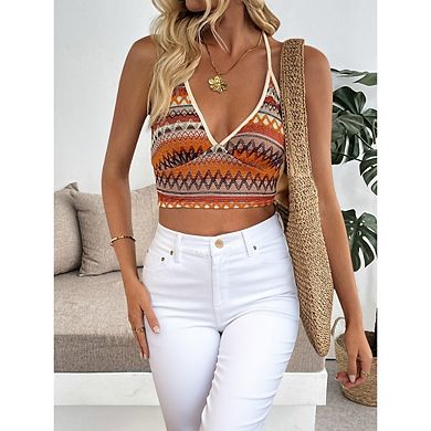 Women's Halter Tops Geometric Striped Printing Tie Back Trendy Tank Top