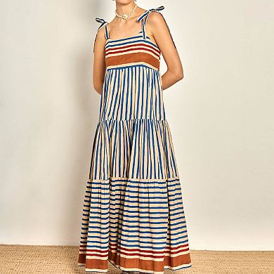 Women's Striped Sleeveless Maxi Dresses Flowy Spaghetti Strap Tie Off Shoulder Boho Sundress