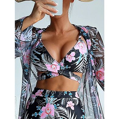 Women's Tropical Bikini Set with Mesh Coverup Crisscross Cutout Swimsuits