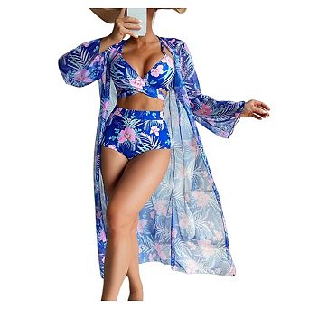 Women's Tropical Bikini Set with Mesh Coverup Crisscross Cutout Swimsuits