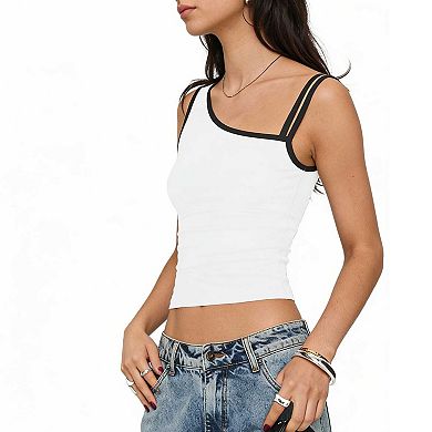 Women's Sleeveless Asymmetric Cami Top, Contrast Strap Slim Fit Casual Tank