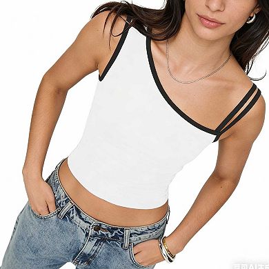 Women's Sleeveless Asymmetric Cami Top, Contrast Strap Slim Fit Casual Tank