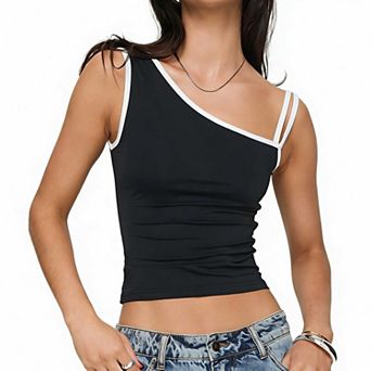 Women's Sleeveless Asymmetric Cami Top, Contrast Strap Slim Fit Casual Tank