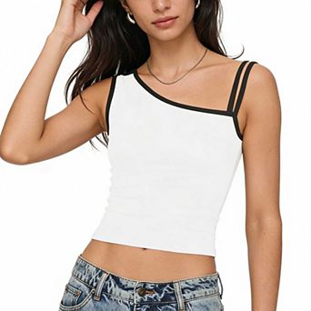 Women's Sleeveless Asymmetric Cami Top, Contrast Strap Slim Fit Casual Tank