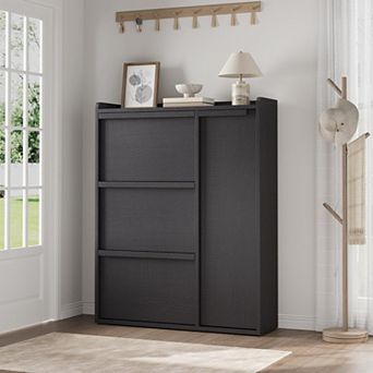 Shoe Cabinet with 3 Flip Drawers & Side Door Wooden Shoe Rack Cabinet with Adjustable Shelves