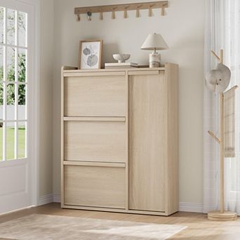 Shoe Cabinet with 3 Flip Drawers & Side Door Wooden Shoe Rack Cabinet with Adjustable Shelves