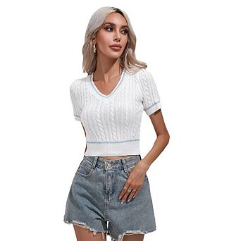 Women's Knit V Neck Crop Knit Top Short Sleeve Casual Knit Tank Tops