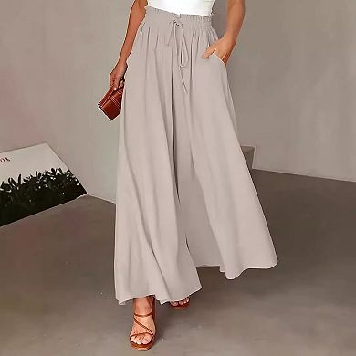 Women's High Waist Wide Leg Pants, Casual Drawstring Flowy Trousers with Pockets