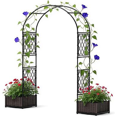 Garden Arbor with 2 Planter Boxes PE-Coated Metal Arch Trellis