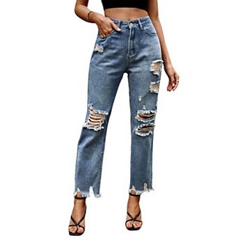 Women’s Ripped Jeans High Waisted Distressed Baggy Straight Wide Leg Pants