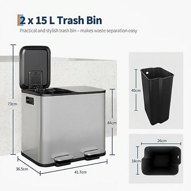 Stainless Steel Dual Compartment Trash Can. 2x15L Removable Buckets, Soft-Close Lid, Touchless pedal