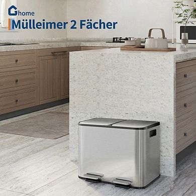 Stainless Steel Dual Compartment Trash Can. 2x15L Removable Buckets, Soft-Close Lid, Touchless pedal