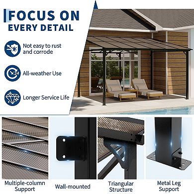 Wall Mounted Hardtop Gazebo, Sloped Polycarbonate Roof, Heavy Duty Aluminum Frame