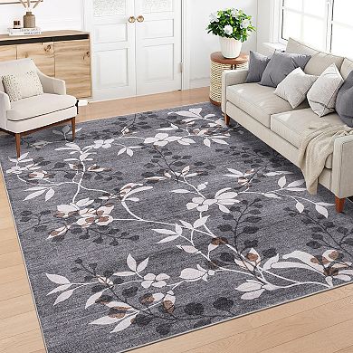 Modern Botanical & Floral Area Rug Washable Non-Slip Soft Low Pile Collapsible Mark Resistant Carpet