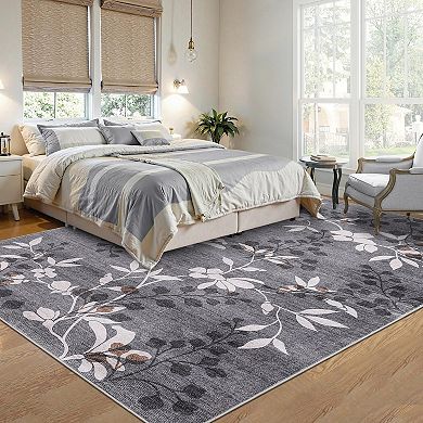 Modern Botanical & Floral Area Rug Washable Non-Slip Soft Low Pile Collapsible Mark Resistant Carpet