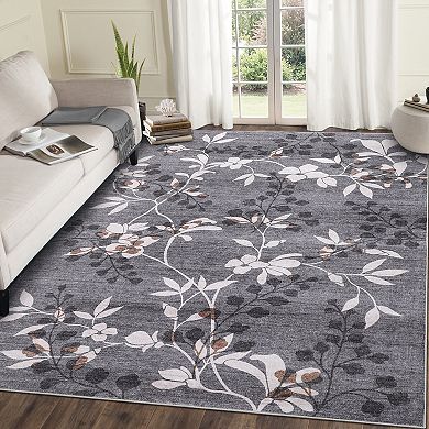 Modern Botanical & Floral Area Rug Washable Non-Slip Soft Low Pile Collapsible Mark Resistant Carpet