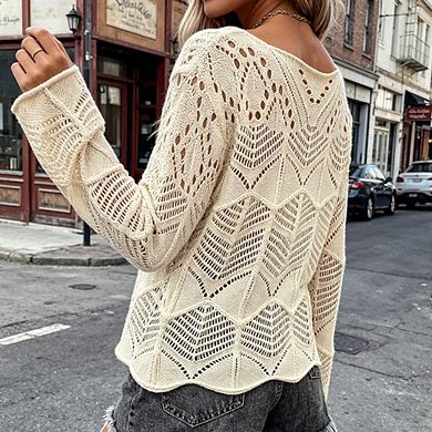 Women Lightweight Hollow-Out Knit Top Flared Sleeve Casual Pullover