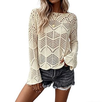 Women Lightweight Hollow-Out Knit Top Flared Sleeve Casual Pullover
